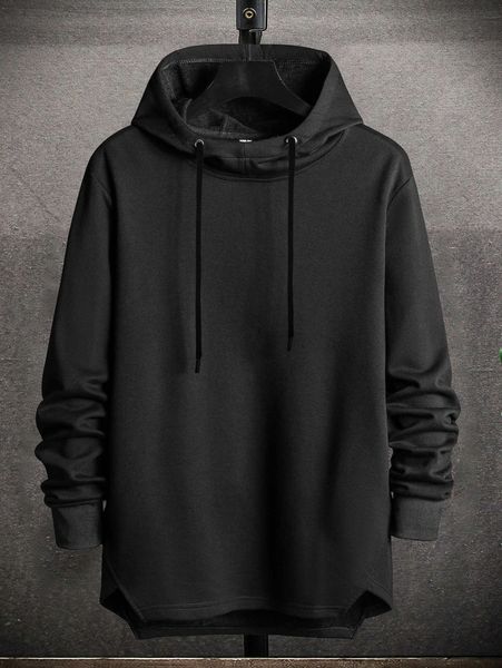 

men high low hem drawstring hoodie y5qc#, Black