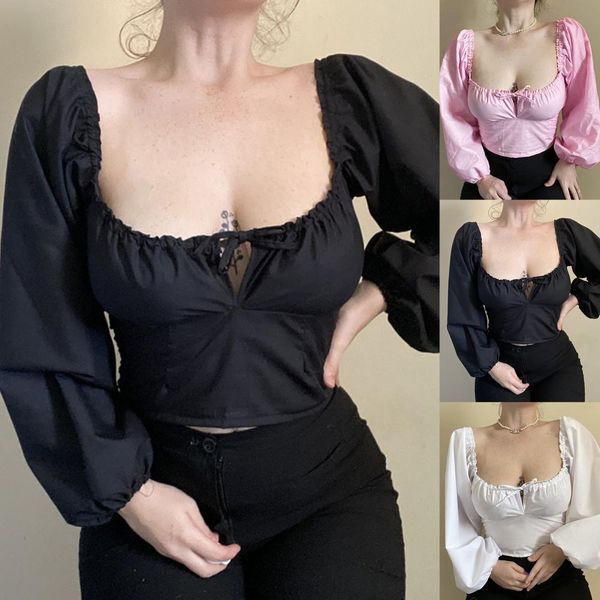 

women's t-shirts women long puff sleeve ruched drawstring low cut clothing street wear fashion elegant casual ladies tees, White