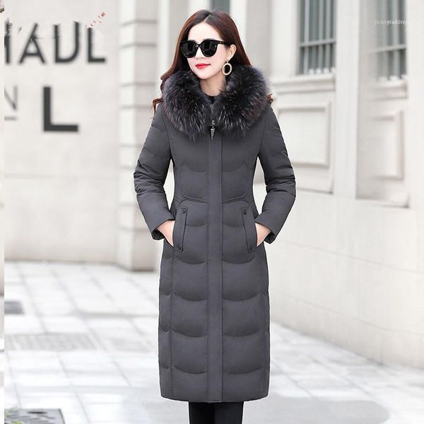 

women's down jacket winter women real raccoon fur collar parka korean long jackets plus size veste femme my1, Black