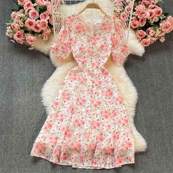 

sweet ladies pink floral dress women elegant summer v-neck short sleeve high waist sash bow tied a-line casual female dresses 210603, Black;gray
