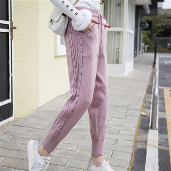 

women's pants & capris winter lace-up elastic women trousers side twist loose warm thicken stretchable knitted, Black;white