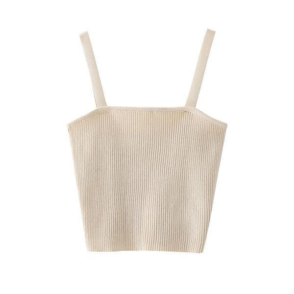 

summer simple french rib knit women camis camisole solid tight fitting exposed navel color beige short top, White