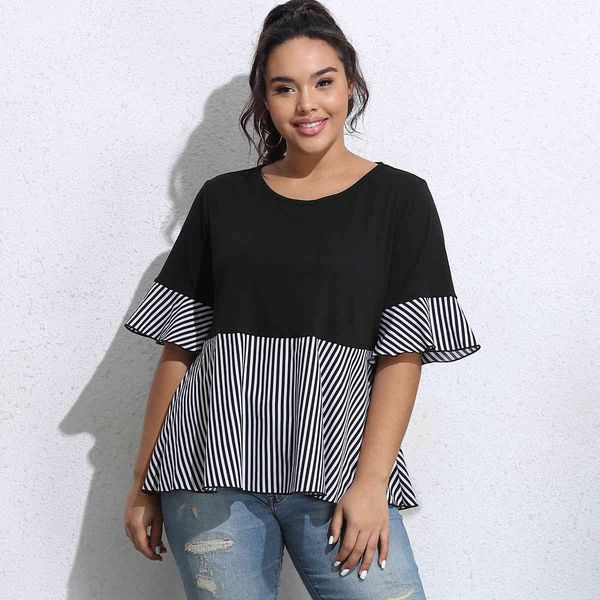 

plus size dresses hy365013# loose large round ne short sleeve t-shirt stripe color matching sweet top