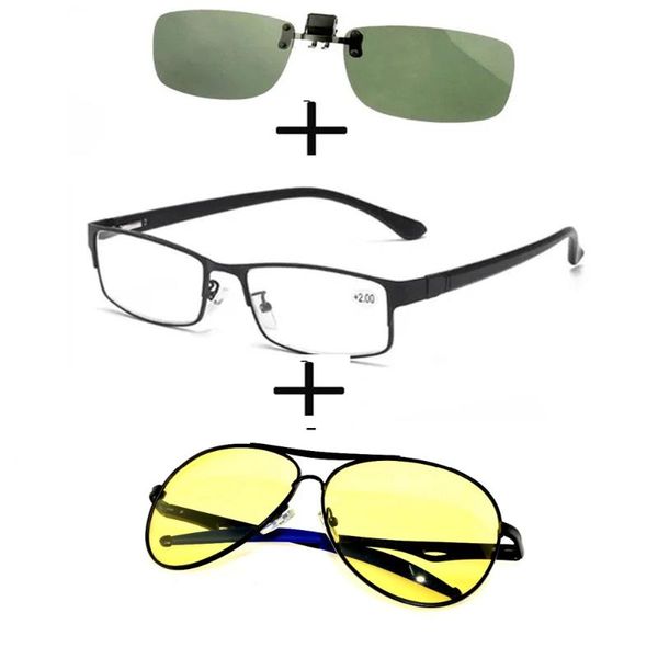 

sunglasses 3pcsrectangular metal black business reading glasses men women + polarized pilot night vision clip, White;black