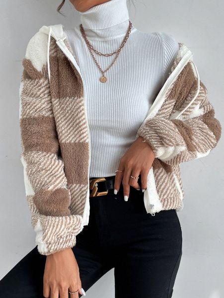 

buffalo plaid drawstring hooded zipper teddy jacket x41h#, Black;brown