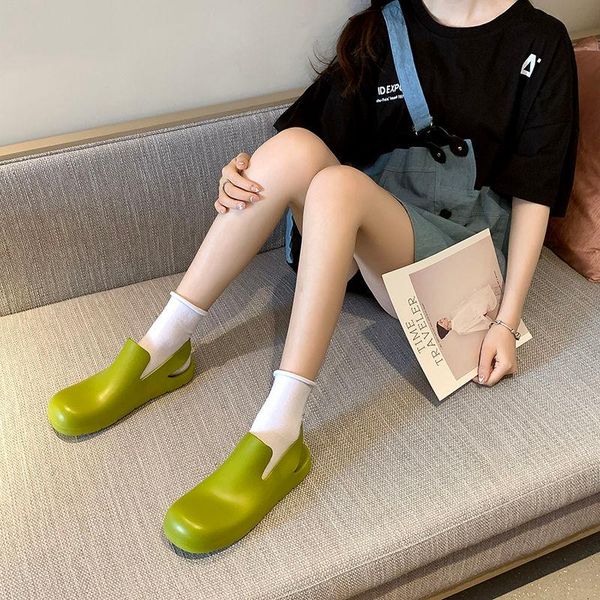 

sandals waterproof rubber rain thick-soled non-slip one-step jelly shoes round toe flat-bottomed tide beach roman, Black