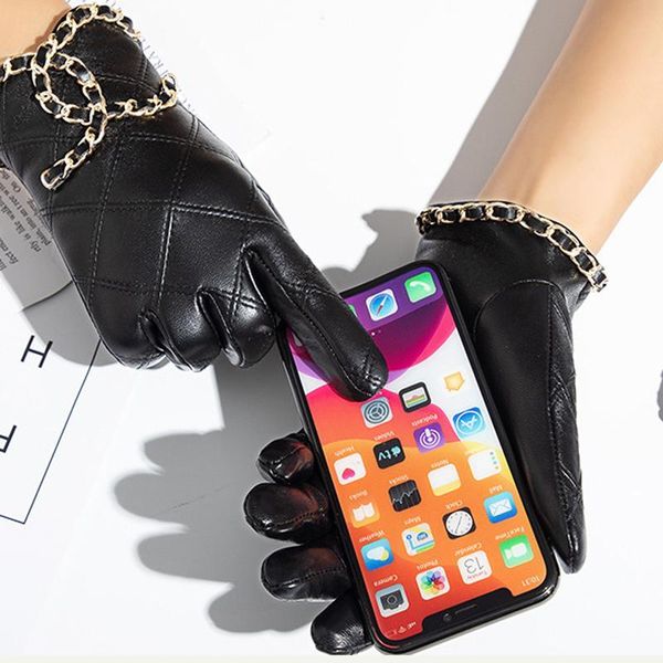 

five fingers gloves 2pcs women genuine leather with metal chain winter driving punk motorcycle biker glove cool touch screen, Blue;gray