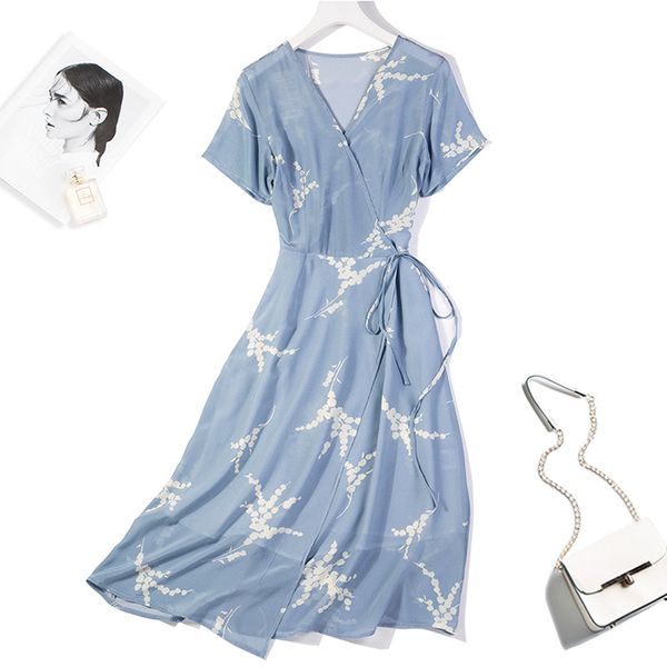 

dress women's 100% pure silk short sleeve two layers blue floral long wrap dress  l xl jn506, Black;gray