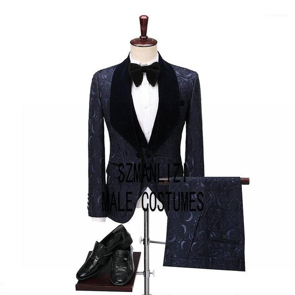 

men's suits & blazers navy blue paisley floral velvet formal men 2021 tailor made groom tuxedos mens wedding prom/party man blazer, White;black