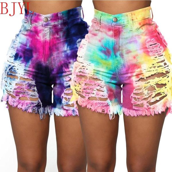 

women's jeans bjyl women ripped denim shorts fashion tie-dye print high waist plus size casual s-3xl girl summer cloth, Blue