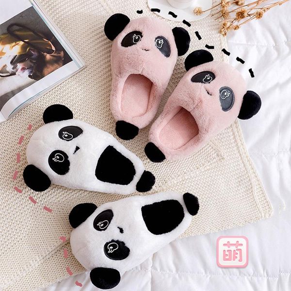 

winter cute cartoon panda warm women men slippers couple soft furry slides shoes ladies animal bear plush house slipper, Black