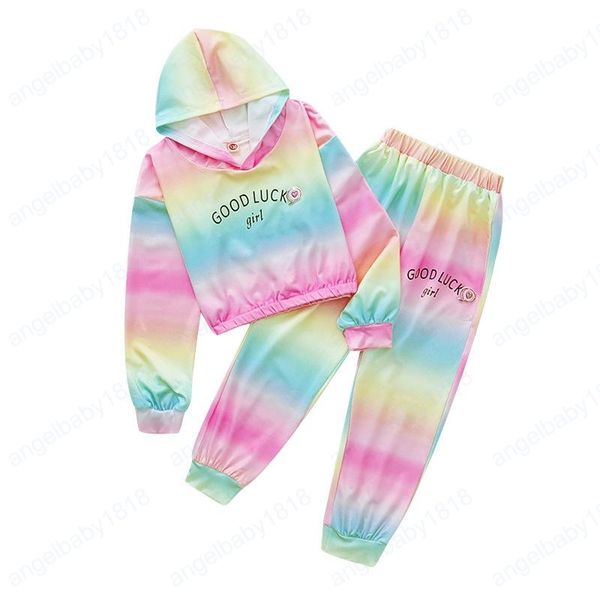 

kids clothing sets girls tie dye outfits children pullover hooded +rainbow pants 2pcs/set spring autumn fashion baby clothes, White