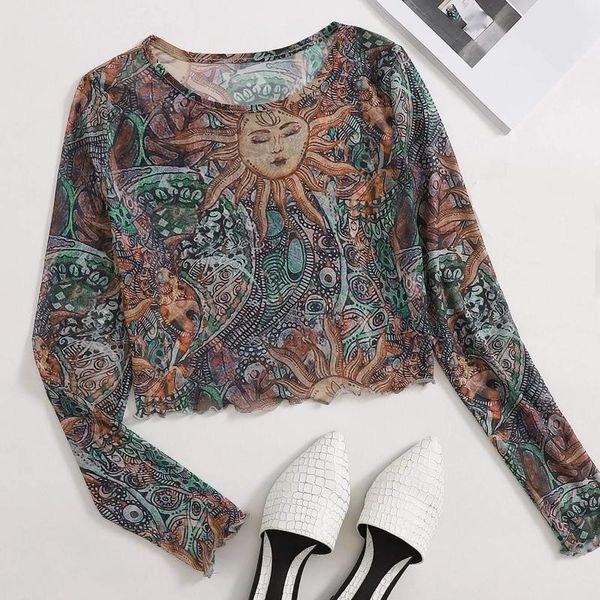 

punk style women's sheer mesh fashion sun moon printing t-shirts see through o neck long sleeve lady crop 318 t-shirt, White