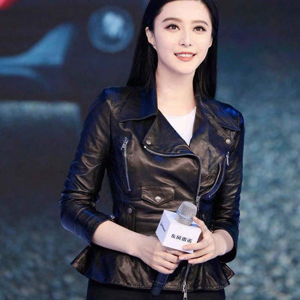 

women's leather & faux 2022 genuine sheepskin lambskin natural motor coat jacket for female lady spring autumn clothing xxxxl 4xl, Black