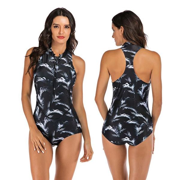 

women's one piece athletic bathing suit color block swimsuit racerback zip front swimwear 7715 two-piece suits