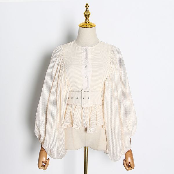 

blouses holiday vocation o-neck long sleeve solid women blouse with sash, White