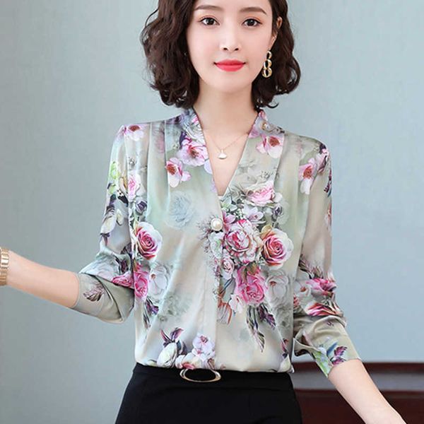 

korean silk blouse women satin s shirts woman v-neck shirt v neck floral plus size 3xl 210604, White