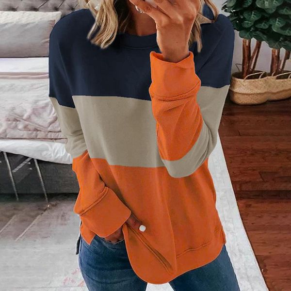 

women's hoodies & sweatshirts color block contrast stitching crew neck women sweatshirt with slits casual long sleeve pull over shirt, Black