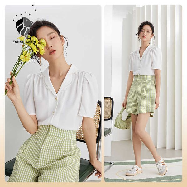 

fansilanen office lady white orange chiffon shirt women summer short sleeve french puff blouse 210607