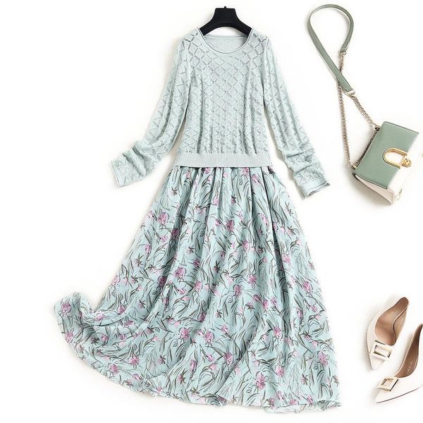 

casual dresses women plus size clothes floral chiffon dress + hollow out knitted sweater pullovers 2021 spring summer two piece set, Black;gray