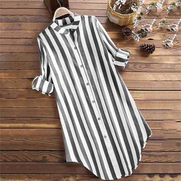 

stripe print vintage pocket womens shirts loose button long sleeve blusas mujer plus size blouses, White