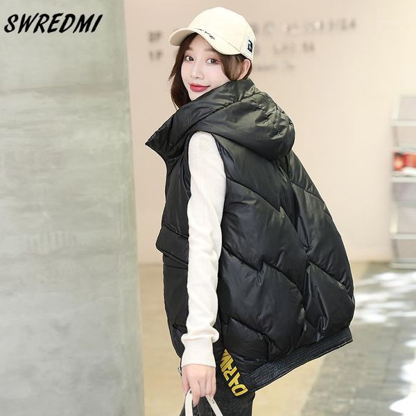 

women's vests swredmi loose vest coat women hooded oversized parkas sleeveless snow wear 2021 fashion warm cotton waitcoat outerwear, Black;white