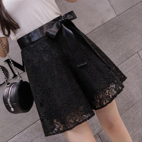 

elegant thin lace womens shorts high waist bow tie back zipper summer wide leg belted short feminino aq400, White;black