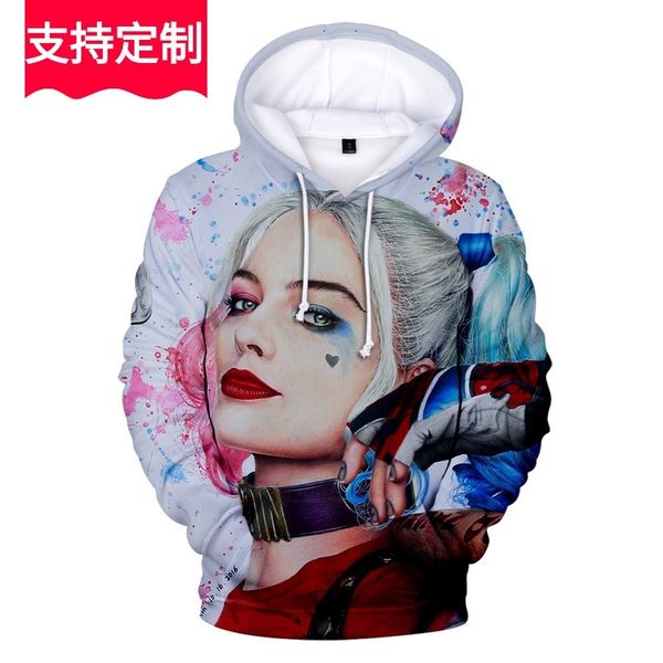 

suicide squad suicide square popular clown female print 3d men's and women's hooded sweater, Black