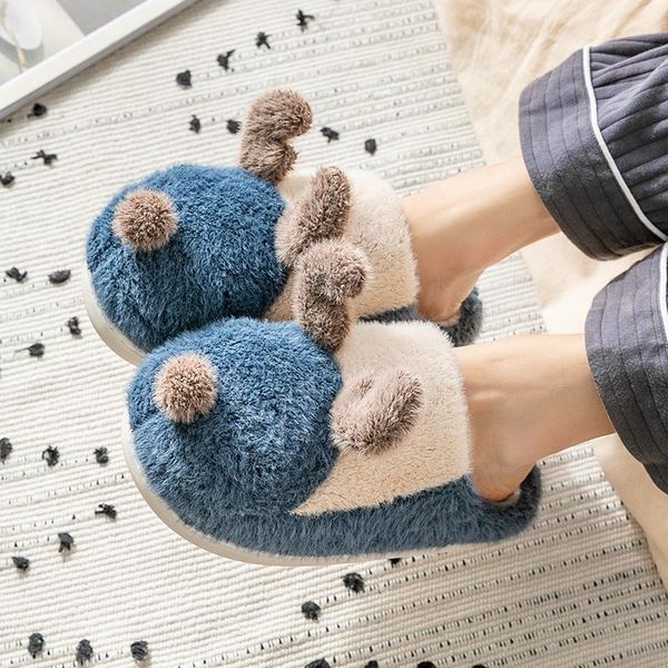

slippers warm women cute cartoon slides indoor floor flat shoes autumn winter men home cotton plush lovely animal, Black