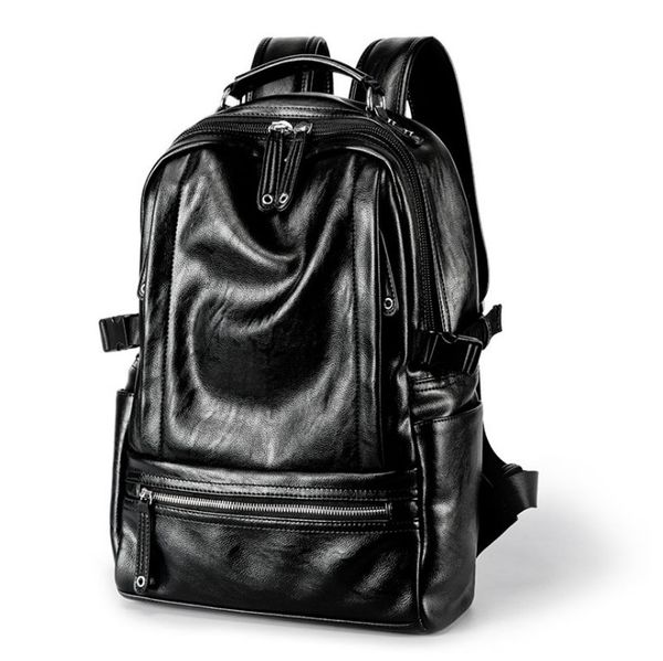 

men's travel backpack bookbag soft pu leather solid black waterproof back pack for men lapschool bag women male backpacks thin