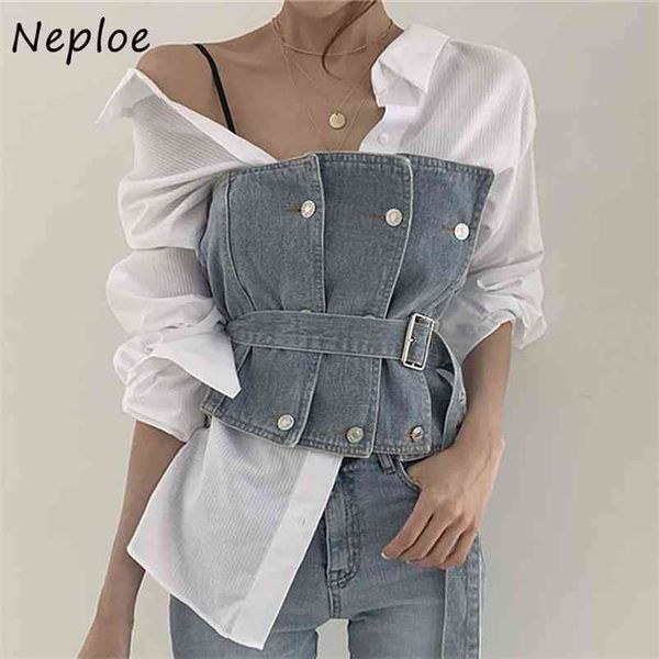 

temperaent ol fake 2 pcs denim blouse women turn down collar long sleeve spring blusas slim waist sashes strapless shirt 210422, White