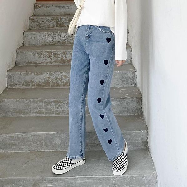 

high waist heart embroidery straight long jeans women vintage casual streetwear korean style bottom female blue women's