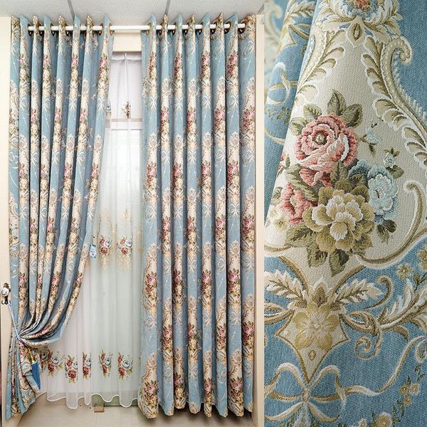 

european luxury blue curtains for living dining room bedroom fabric chenille embroidery valance curtain custom & drapes