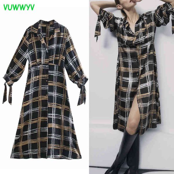 Vuwwyv preto camisa xadrez vestido mulheres cair gola escritório midi mulher longa manga buttons frontons feminina es 210430