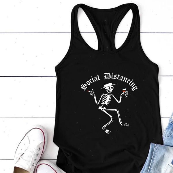 

fashion womens cami social distancing skeleton printed tanks women summer tank sleeveless female loose o neck ropa de mujer, White