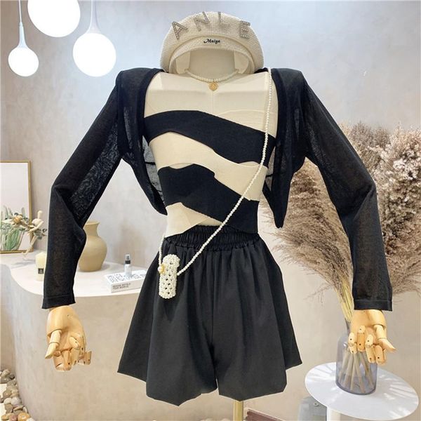 

women's tracksuits clothing summer 2021 long sleeved sunscreen blouse + striped wrap chest high waist shorts pants three piece set, Gray