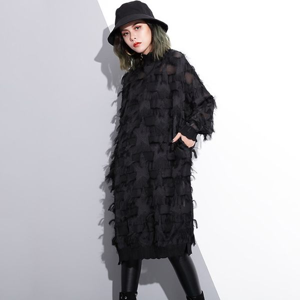 

[eam] new spring autumn stand collar long sleeve perspective black loose tassels big size dress women fashion tide ji780 200928, Black;gray