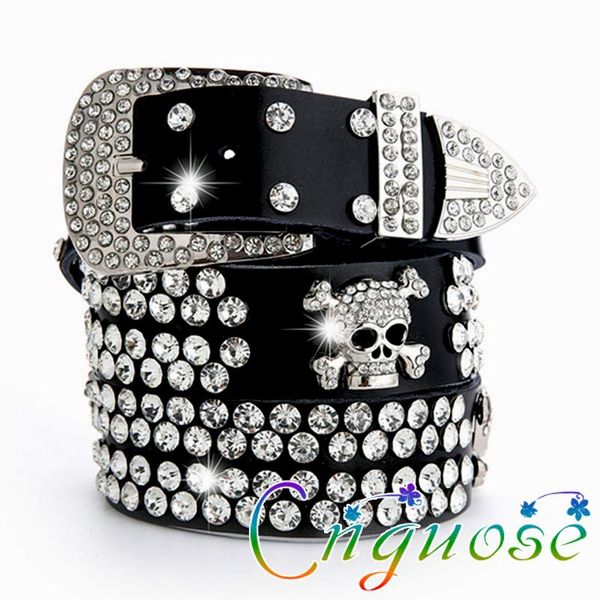 

belts 2021 fashion retro casual vintage punk style black skull pattern real cowhide rivet femme metal chain neutral belt for womens, Black;brown
