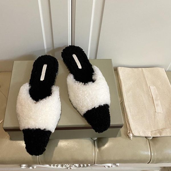 

slippers ymn5279 winter mules minxed color female fluffy plush fur sliders women flat slides shoes slip on closed toe flip flops, Black