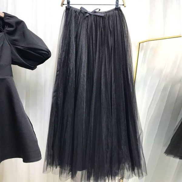 

skirts women mesh midi skirt bow elegant sweet pleated pink 2021, Black