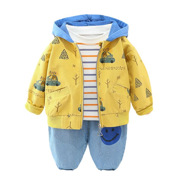 Mode Kinder Baumwolle Kleidung Sets 1-4T Baby Jungen Mädchen Mit Kapuze Mantel Cartoon Designer Denim Anzug Tops + pullover + Jeans = 3 Teile/satz