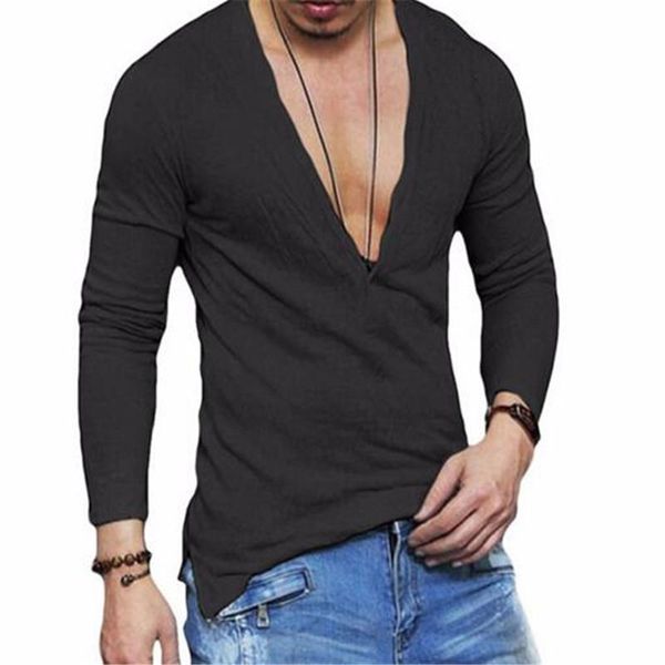 

men's t-shirts deep v neck t shirt men long sleeve mens tshirt slim skinny t-shirt casual summer thin section camisetas hombre tee homm, White;black