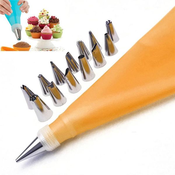 

baking & pastry tools 16 pcs/set silicone icing piping cream bag +14pcs stainless steel nozzle tips converter diy cake decorating