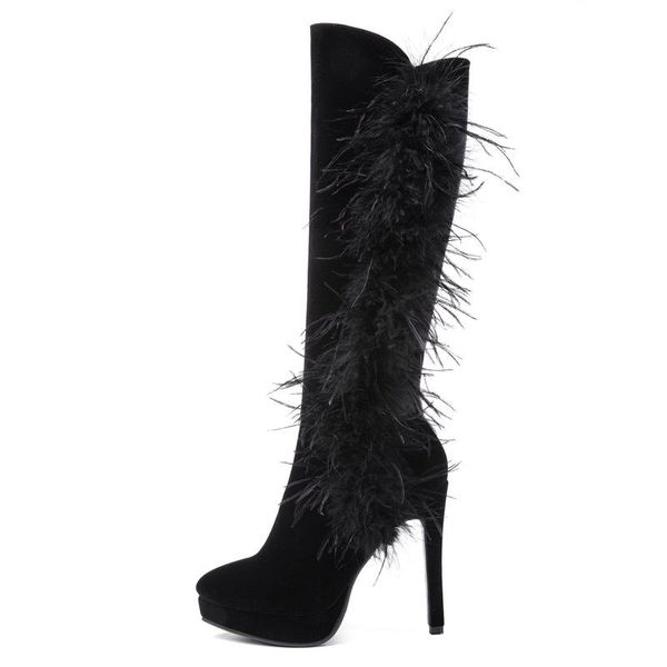 

boots est platform high heels over knee womens black feather decor ladies shoes zipper winter 2021 bota feminina
