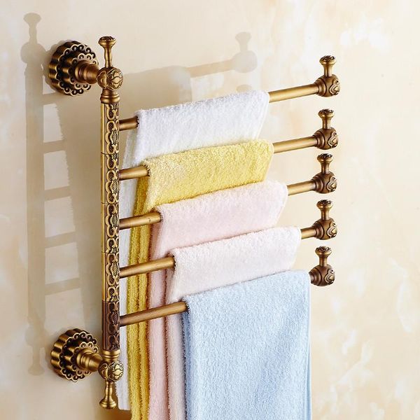 

towel racks bathroom wall mouned folding movable bath bar antique brass 3-5 layers rack carved rotate