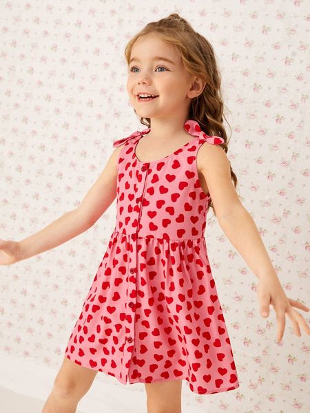 

toddler girls heart print knot shoulder dress she, Red;yellow
