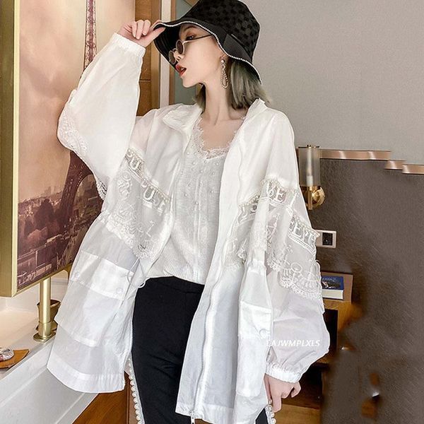 

women's jackets lace sunscreen jacket women 2021 summer embroidery rhinestone pocket deco drawstring loose coat outwear, Black;brown