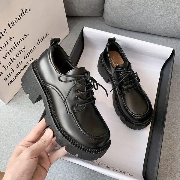

dress shoes small leather women's spring japanese soft sister korean round head increased retro lace-up lolita platform, Black