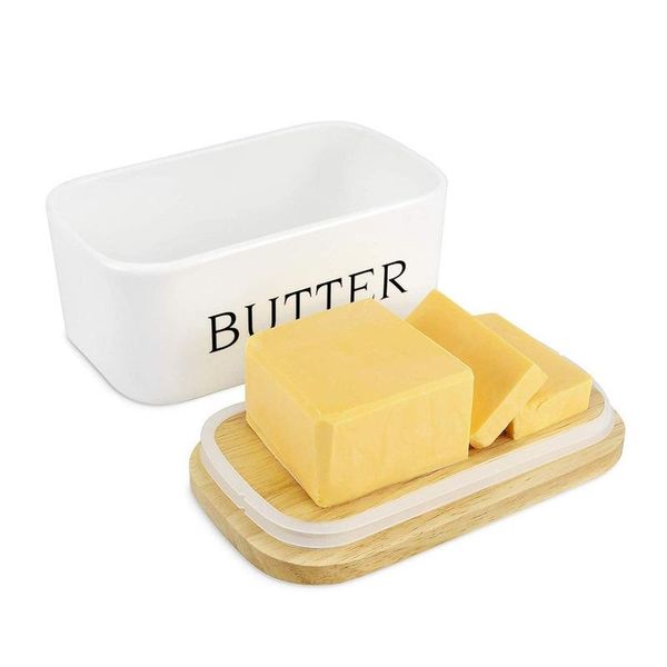 

nordic butter sealing box,ceramic plate,white,with wood lid and knife,cheese storage tray dish container box dishes & plates