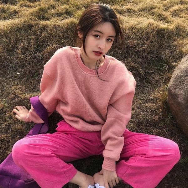 

women's hoodies & sweatshirts 2021 women pink loose sweatshirt o-neck long sleeve hoodie sweet solid pullover + casual high waist pants, Black